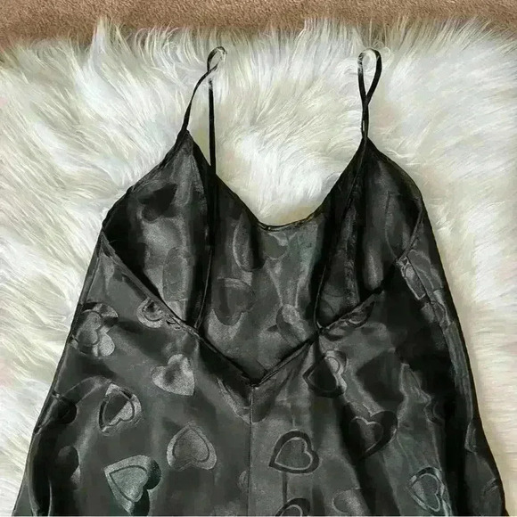 Vintage Jenny Buchanan Intimates Heart Print Satin Black Slip Dress Large - Picture 3 of 5